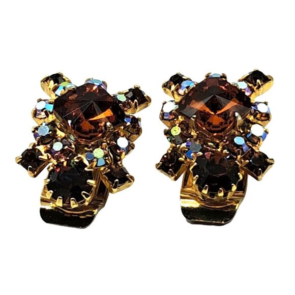 Vintage Rivoli Rhinestone Earrings Aurora Borealis Brown Clip Ons Costume Jewelr - Picture 1 of 11